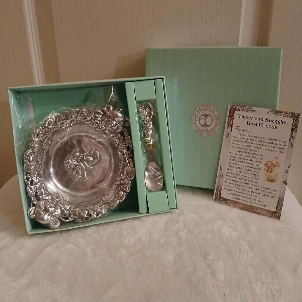 Vintage 1997 silver tone Arthur Court Teddy Bear baby bowl spoon keepsake set